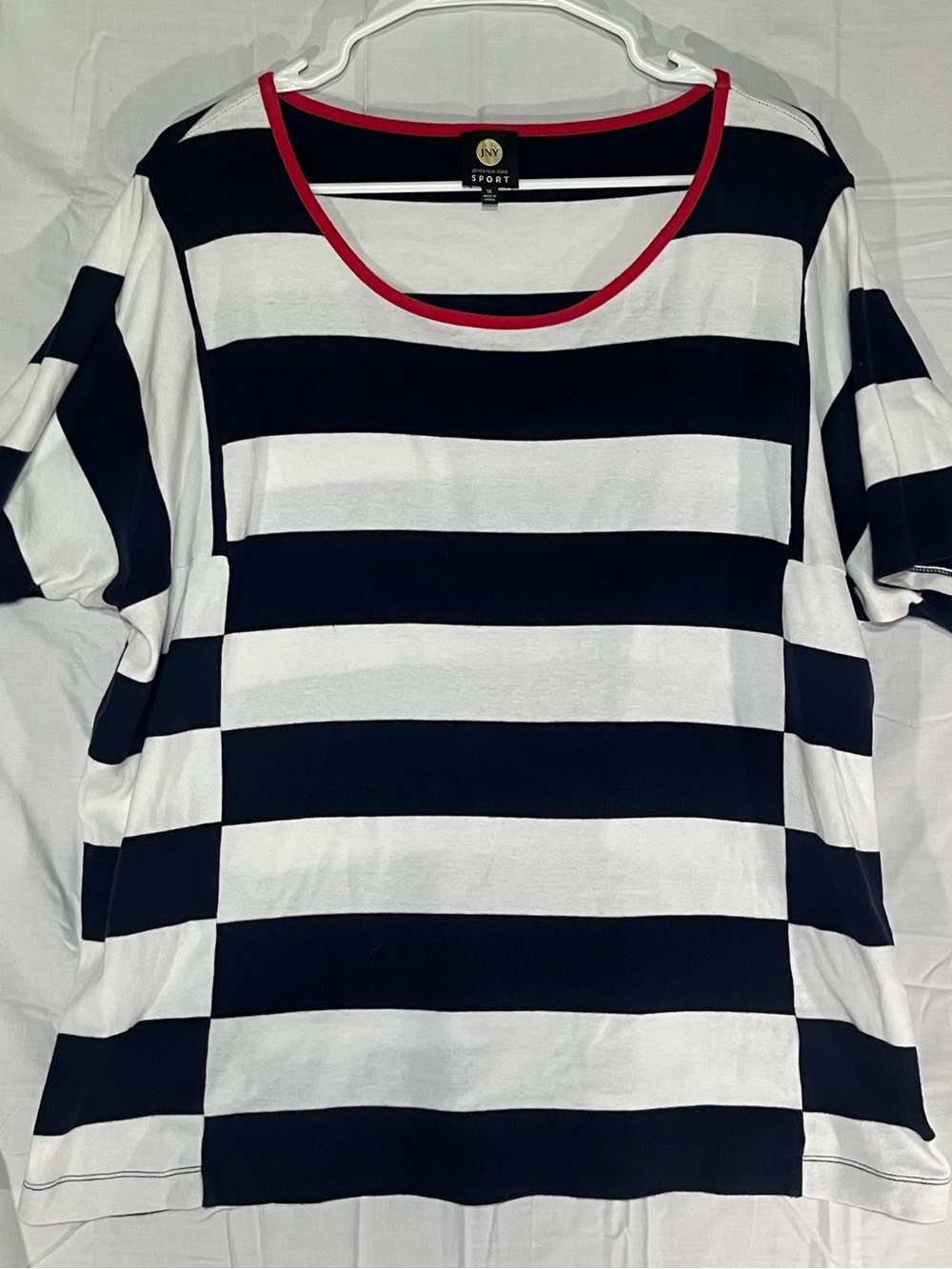 100% Cotton Women's Navy and White Striped Short Sleeve Top with Red Trim